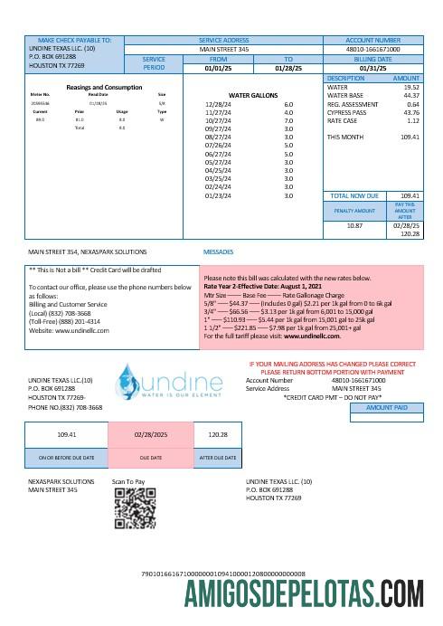 EUA Texas Undine Water é nosso elemento Water Business Utility Bill Formatos Word e PDF modelo